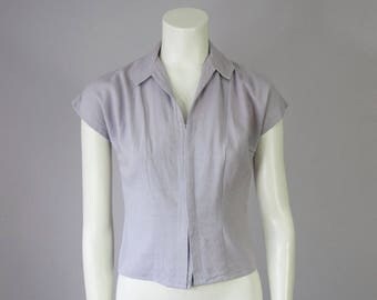 40s Vintage Bonwit Teller Dusty Lavender Button Down Short Sleeve Blouse (XS Petite)