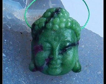 Carved Ruby And Zoisite Gemstone Buddha Head Bead,30x24x12mm,15.1g(e0129)