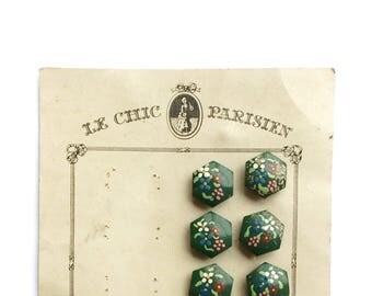 14 Antique French Hand Painted Wooden Flower Buttons