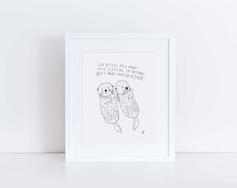 Sea Otter Art Print, Personalized Wedding Gift, Wedding Gift Idea, Anniversary Gift Idea, Baby Shower Gift, Kid's Room Art, 8x10, Line Art