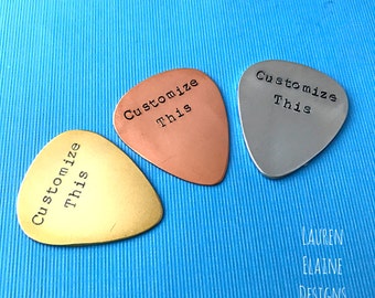 Custom Hand Stamped Brass, Aluminum, or Copper Guitar Pick- Pick Your Own Phrase and Font