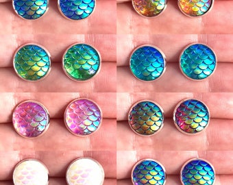 Iridescent resin mermaid / dragon scale studs - silver
