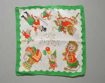 Vintage Circus Handkerchief - Hankie Hanky Hankercheif Collectible Souvenir Under The Big Top Elephant Horse Monkey Wall Hanging Ringmaster