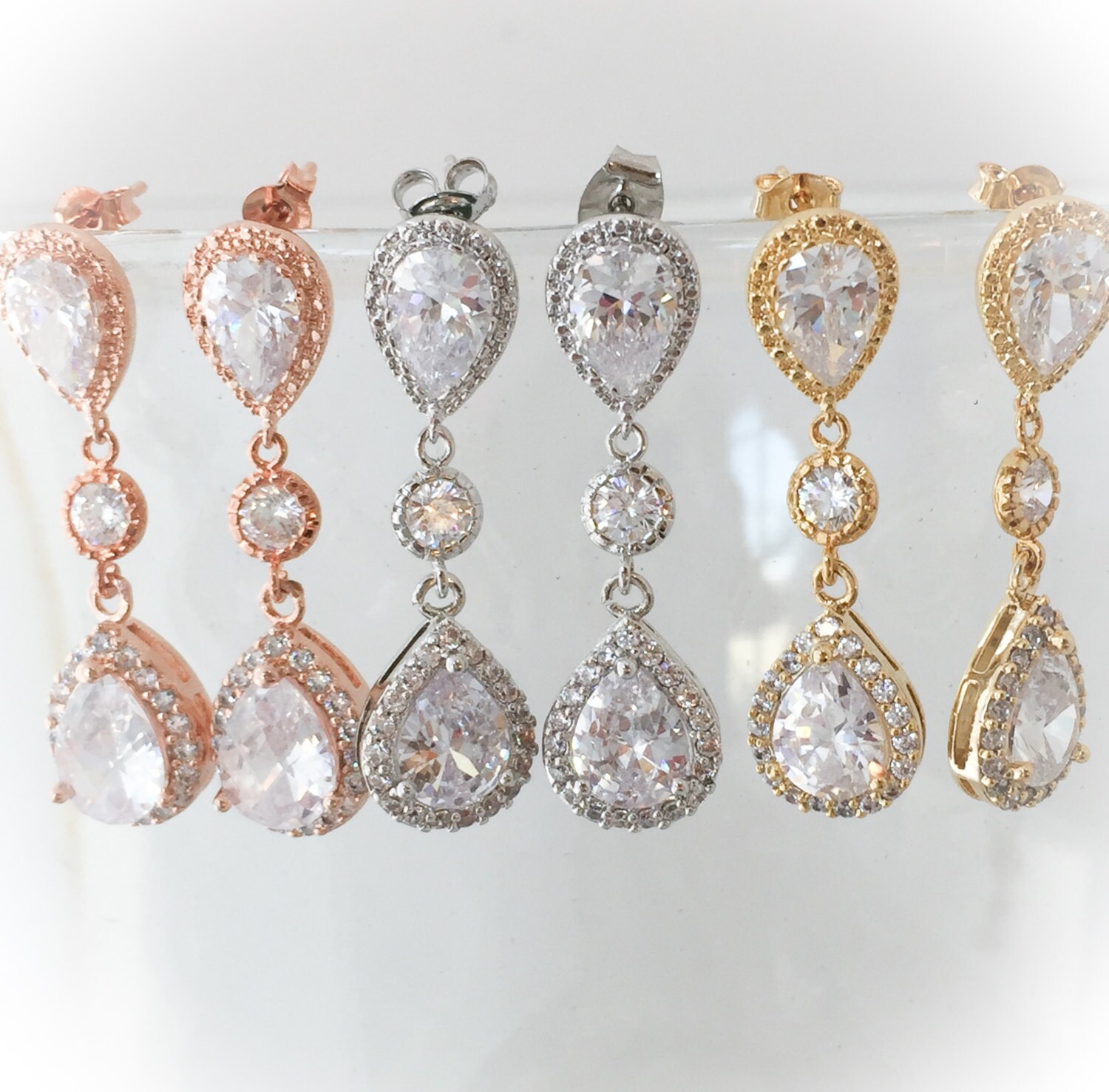 Gold rhinestone dangle wedding earrings- Gold teardrop Wedding Earrings- Bridal Jewelry- CZ gold earrings- bridal earrings