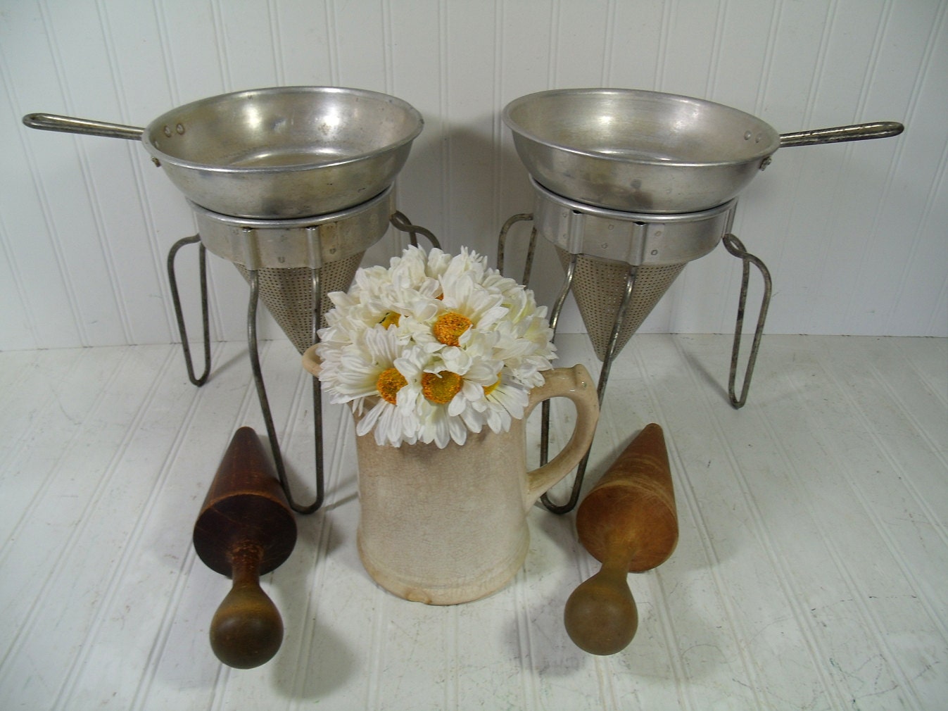 Vintage Canning Sieve Colander Strainer Masher Plus Wooden