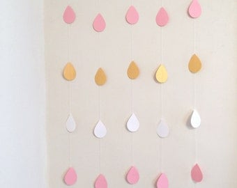 Baby Sprinkle Decorations , Paper raindrops , Pink and Gold Rain drop garland , Nursery decor , Sprinkle Shower , your color choices
