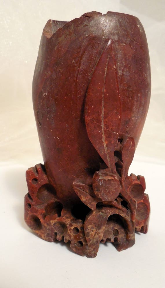 Vintage Soapstone Carved Vassel Red Carved Soapstone Chinese