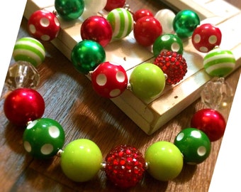 Holiday Christmas Chunky Bubblegum Bead Necklace, Bracelet, Grinch, Jewelry