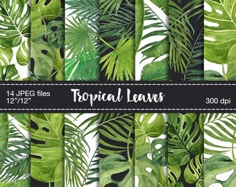 Digital Scrapbook Paper - Tropical leaves digital paper, Tropical background, Digital tropical texture, Digital paper watercolor leaves