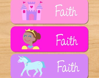 Girls Princess (Dark Skin) Waterproof Name Labels, Personalized Fairytale Daycare Labels, Princess Baby Bottle Labels, Dishwasher Safe