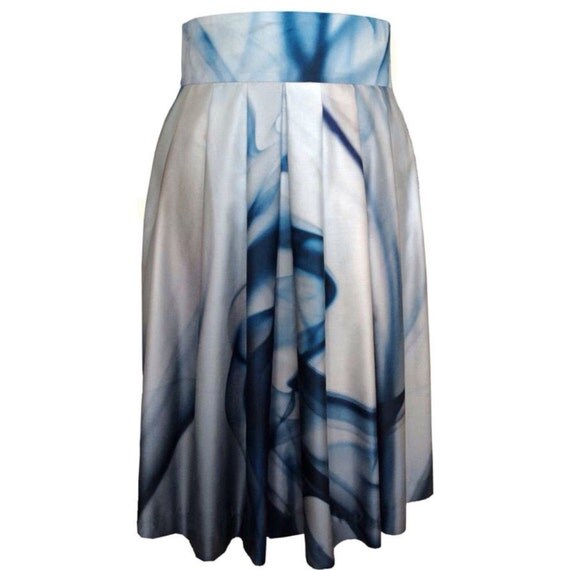 Pleated Cotton Skirt Blue and White Skirt Aqua Print by tamarziv