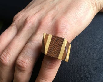 Vintage 70s Ring Wood Ring Large Ring Statement Ring Geometric Ring French Design Jewelry 5.40 US 50.5 French