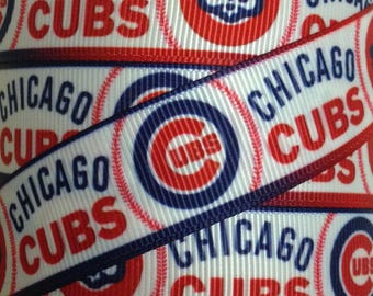7/8 Inch Grosgrain Ribbon - Printed Grosgrain Ribbon - Chicago Cubs Ribbon - Ribbon By The Yard - Supply - MLB Baseball Ribbon - Cubs Logo