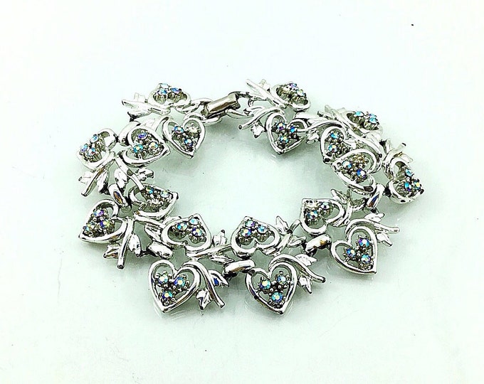 Vintage Signed Coro Rhinestone Bracelet With green aurora borealis Aurora Borealis Rhinestones. Heart Shapes, Silver Tone. Wide.