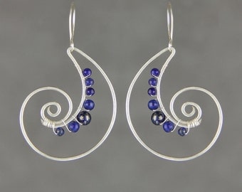 Silver wiring lapis shell scroll hoop Rococo earring handmade US free shipping Anni Designs