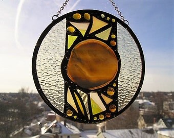 Stained Glass Art Suncatcher|Round Stained Glass with Agate|Natural Agate|Yellow-Gold Glass|Abstract Glass|Handcrafted|Made in USA