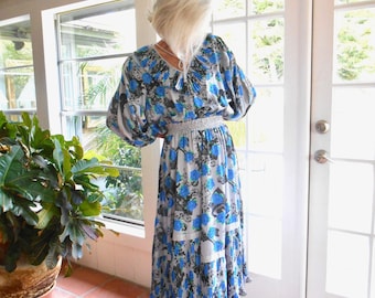 Vintage Diane Freis georgette dress 1980's designer gypsy garden blue black white bohemian poet sleeve California: small, medium