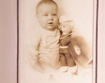 Baby Boy with Sailor Doll Photograph Vintage 1930s