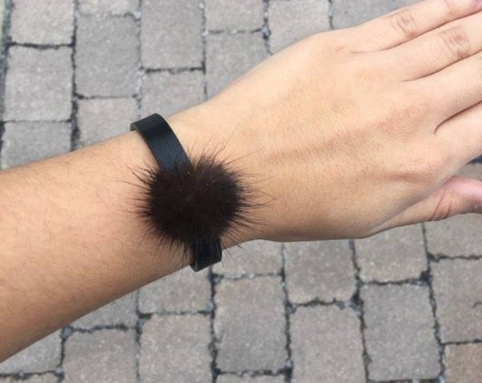 Choker necklace with recycled fur pompon ,leather Choker with pompon ,Black leather Choker for Women,leather Choker