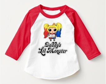 Suicide Squad "Daddy's Lil Monster Doll" Tshirt Harley Quinn Cosplay Shirt Suicide Squad UNISEX CHILD 3/4 Sleeve Raglan (SCREENPRINTED)