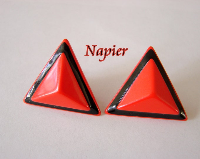 Vintage Napier Designer Signed Black & Red Lucite Modernist Clip Earrings Jewelry Jewellery