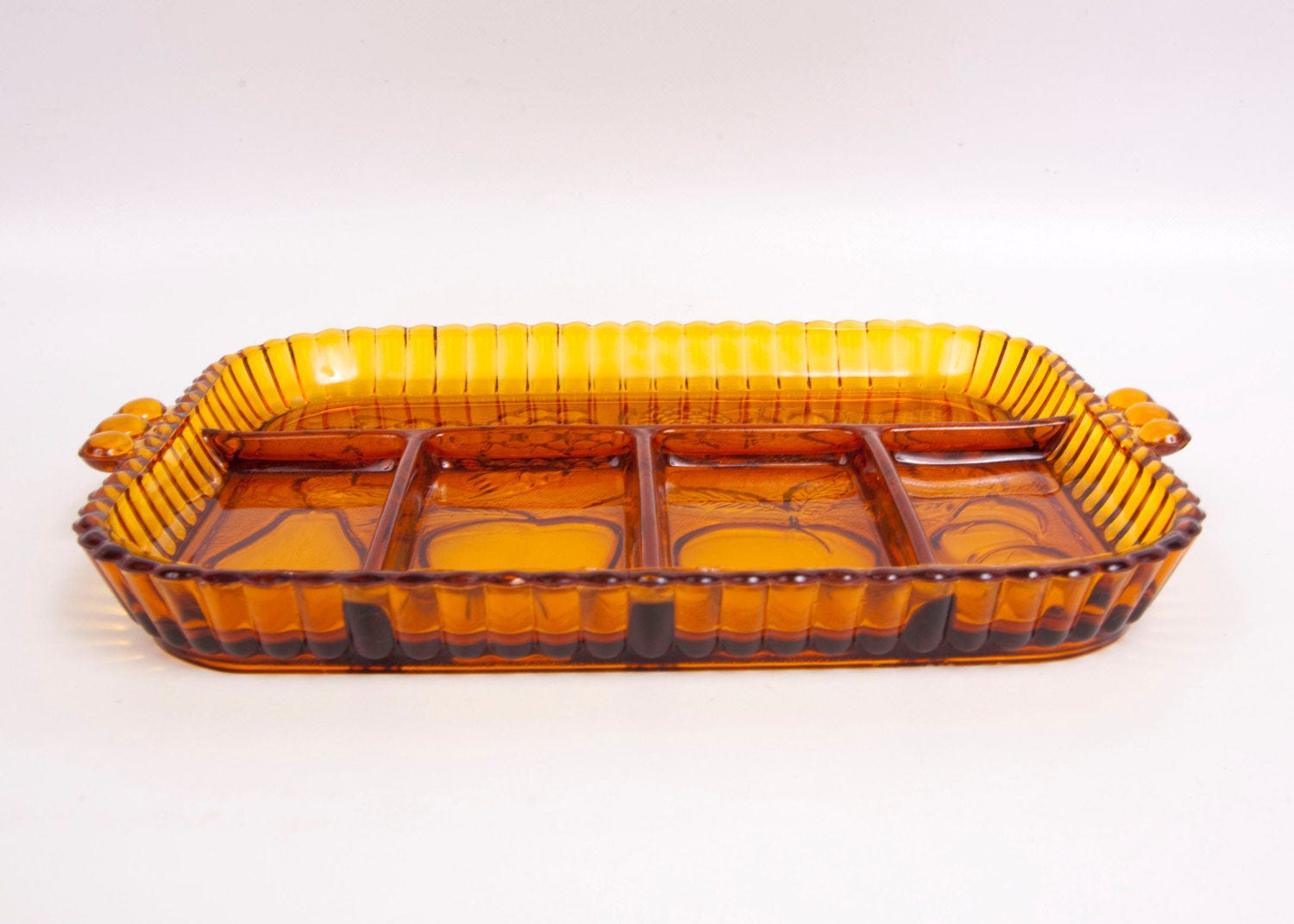 Vintage Amber Glass Divided Platter Embossed Fruit Pattern