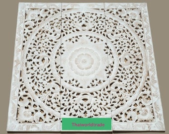 White Teak Wood Natural Bed Headboard 36" 3ft Sculpture Lotus Flower Mandala Wooden Hand Craved Carving Art Panel Wall Home Asian Decor Thai