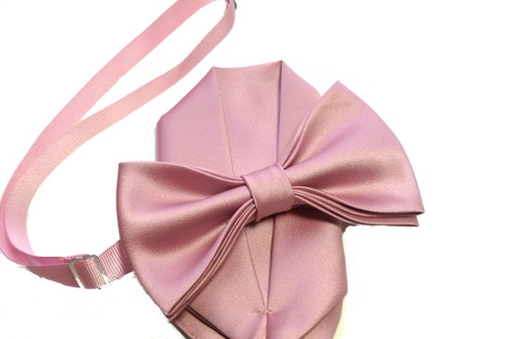 Rose pink bow tie with pocket square set adult and kid size