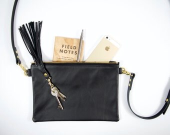 Minimalist LEATHER bag - IONA - Ebony Black leather crossbody shoulder purse clutch with adjustable leather strap