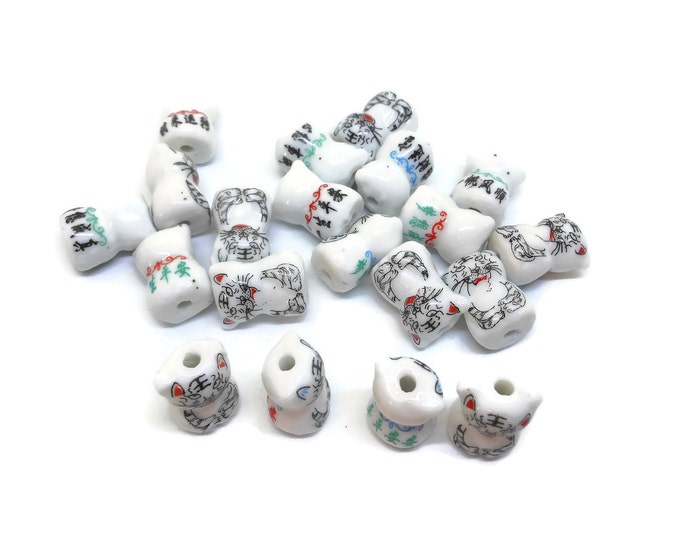 Porcelain leopard bead, 20 piece lot, black and white, snow leopard drop, big cat, ceramic small beads, Kawaii leopard beads