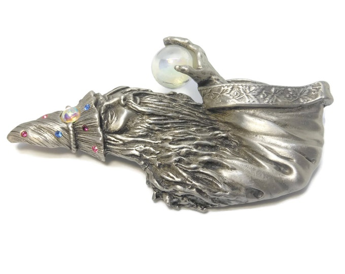 Large JJ wizard brooch sorcerer in pewter with rhinestones and opalescent crystal ball Jonette Jewelry