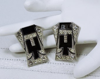 Vintage Art Deco Rhinestone and Enamel Clip on Earrings