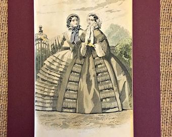 Antique 1868 Original "Les Modes Parisiennes" Hand Engraving with Antique Watercolor Fashion Print