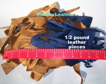 Leather pieces scraps 1/2 pound shades of royal blue and tan scraps remnants #173