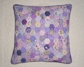 Patchwork Cushion Cover in Handstitched Hexagons - Lilac & Purple
