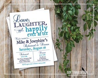 Rehearsal Dinner Invitation - Printable Invitation - Love, Laughter, Happily Ever After - Navy Blue Pool Blue - Custom Colors