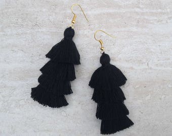 Black Tassel Earrings Layered Black Tassle Earrings Tassel Drop Earrings Summer Jewelry 3" Tassel Earrings
