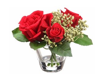 Velvet Silk Rose in Glass Vase Faux Artificial Flower Arrangement for Home Decor