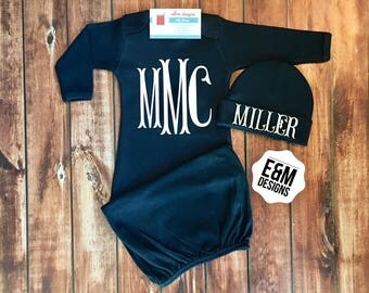 Boy Coming Home Outfit / Monogrammed Baby Boy Gown / Navy Set / Navy Take Home Outfit Gown / Boys Shower Gift / Newborn Outfit Set /Fishtail