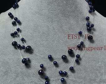 Black Pearl Necklace,Multi-strand Necklace,Floating Necklace,Illusion Necklace,Bridesmaid Necklace,black bead necklace,fiver strand necklace
