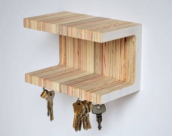 Small magnetic key holder with double shelves. Reclaimed plywood