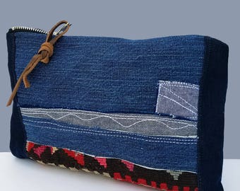 Clutch wallet, Clucth bag, Pouch, Denim Pouch, Embroiderd Pouch, Small purse, Clutch wallet, Kilim Denim bag, Denim Purse, Organizer,