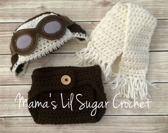 Newborn aviator set, aviator set, aviator hat, aviator scarf, diaper cover, newborn photography, newborn pilot, pilot, fly, plane, airplane