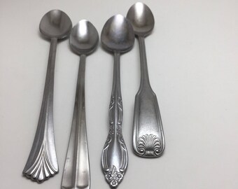 Vintage Mismatched Fancy Stainless Flatware Set of 4 Iced Tea / Sundae Spoons