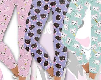 Kawaii Cat Heads Leggings Fairy Kei Cat Leggings Kitten Kitty Pattern Multicolor Size XS Through 5XL *MADE 2 ORDER, Month*