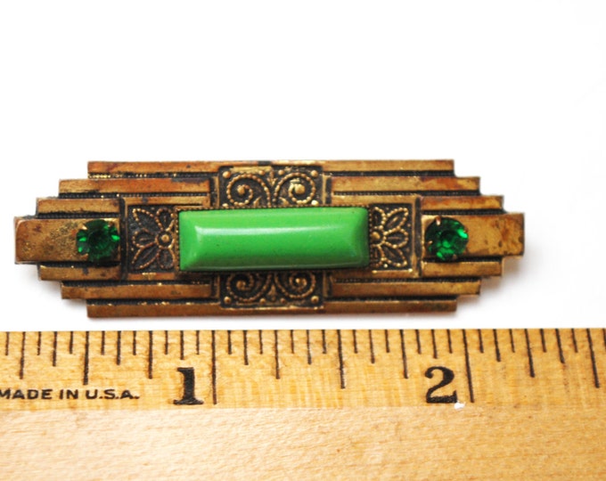 Art Deco Bar Brooch - Gold brass stamped - Green Art Glass -Rhinestone - Vintage C clasp Pin