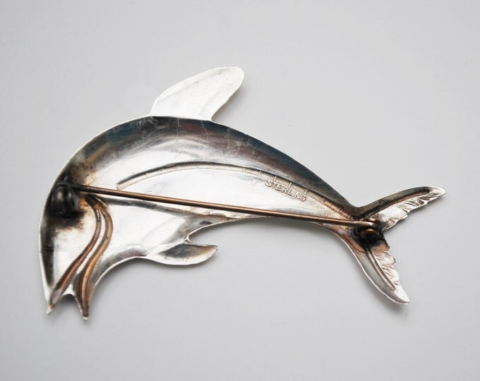 Sterling Dolphin Brooch - Silver Swimming fish - Sea life figurine pin