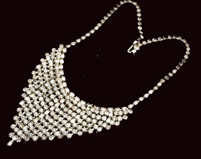 Rhinestone Bib Necklace - V Shape-clear rhinestone crystals - Silvertone metal Statement necklace - Mid Century - Wedding Prom