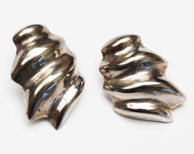 Large ribbed silver earrings - Puffy Hollow - Modernistic modern - Mexico Alcapa - Clip on Earring