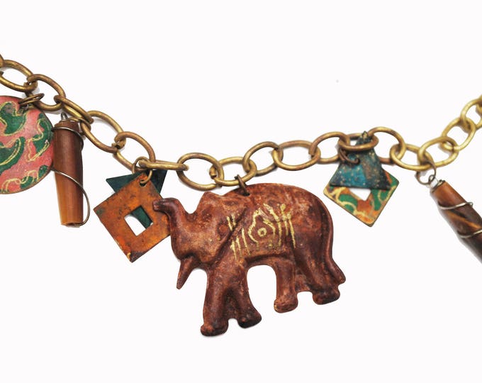 Brass Metal Elephant Necklace - Dangle Boho painted metal - India